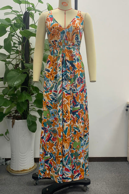 Holiday print straps backless summer party dress women High waist lace up split maxi dresses V-neck beach Dress The Clothing Company Sydney