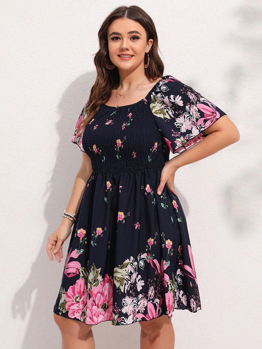 Allover Floral Print Shirred Midi Dress Plus Size Lantern Sleeve High Waist Dresses Summer Dress The Clothing Company Sydney