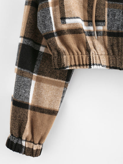 Plaid Flannel Flap Pocket Zip Hooded Jacket Women's Drop Shoulder Coat Zip Up Short Jacket Winter Outwear The Clothing Company Sydney