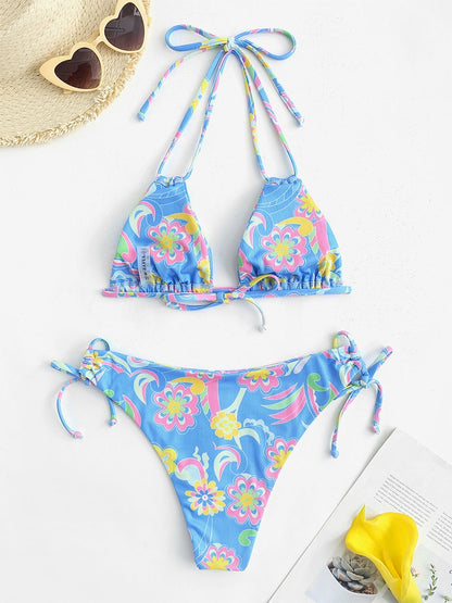 Ribbed Flower Print Tie Side Bikini Set Two-piece Swimwear Low Waisted Padded Bathingsuit The Clothing Company Sydney