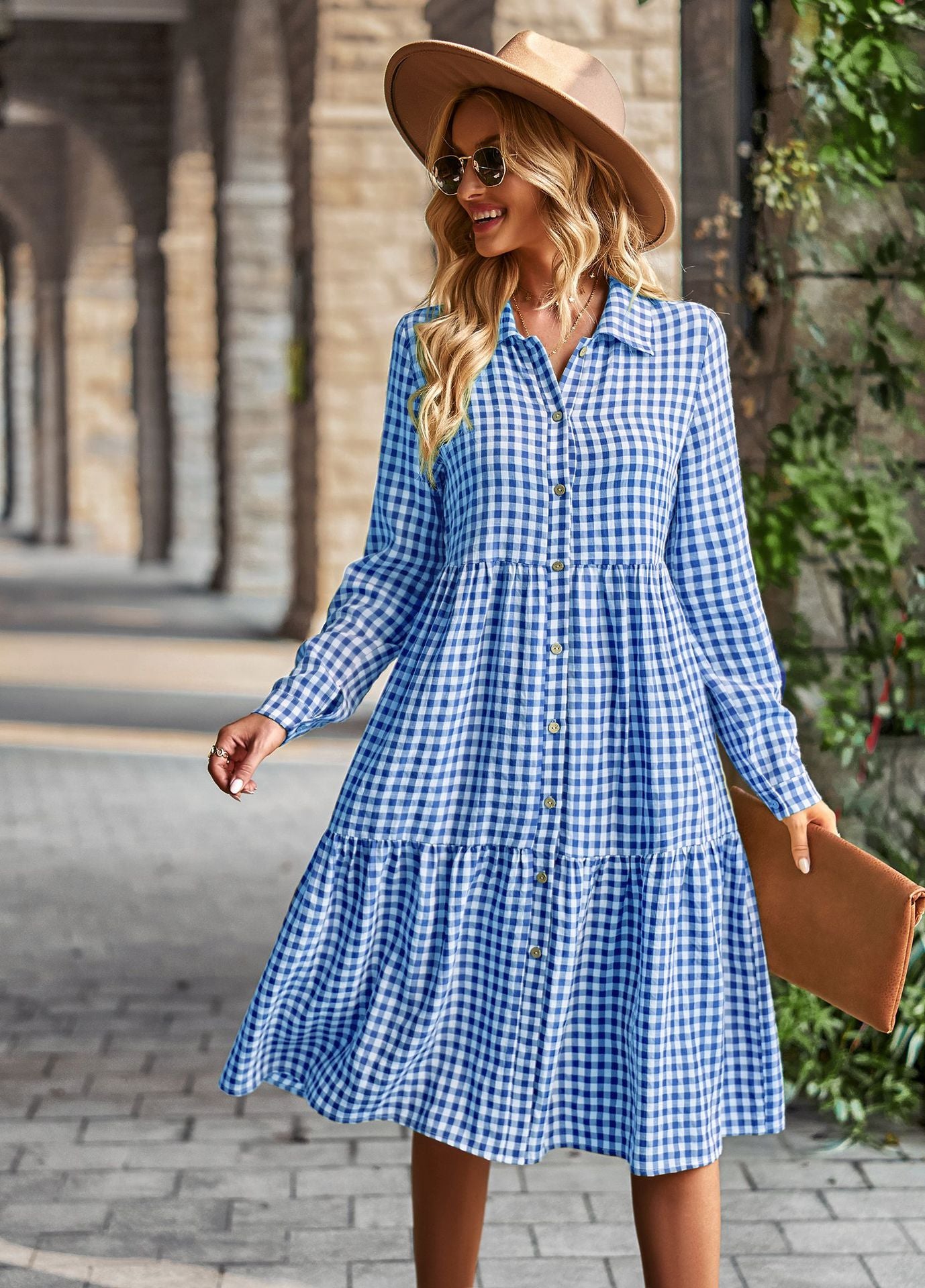 Casual Plaid Shirt Dress For Women Turn Down Long Sleeve Maxi Dress Vintage Single Breasted Patchwork Spring Autumn Dress The Clothing Company Sydney