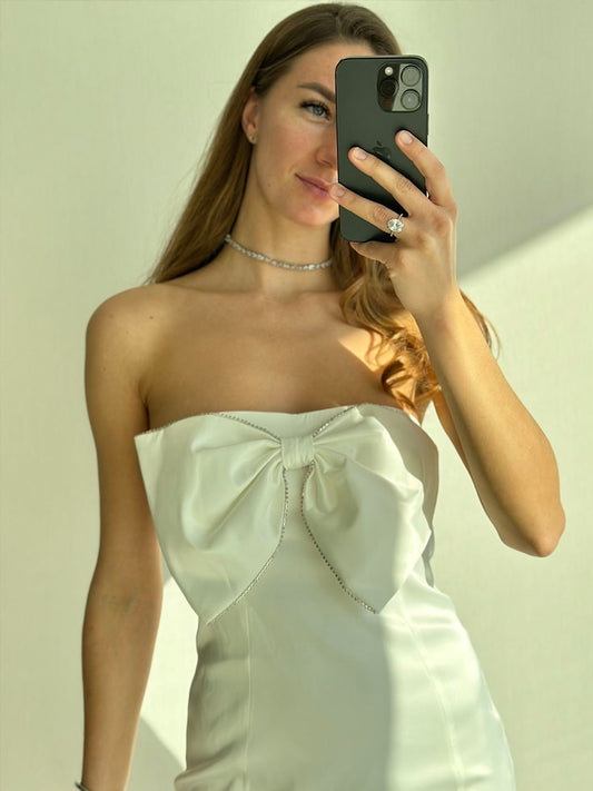 Satin Strapless White Bodycon Dress Mini Diamonds Bow Wedding Guest Night Party Dresses Summer Women's Dress The Clothing Company Sydney
