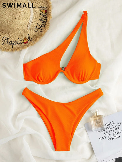 2 Piece Ribbed Bikini One Shoulder Swimwear Swimsuit Push Up Bikini Set High Cut Bathing Suit Brazilian Bikini Set The Clothing Company Sydney