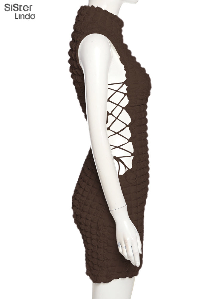 Stacked Plaid Bandage Hollow Y2K Dress Sleeveless Turtleneck String Bodycon Party Clubwear Outfits The Clothing Company Sydney