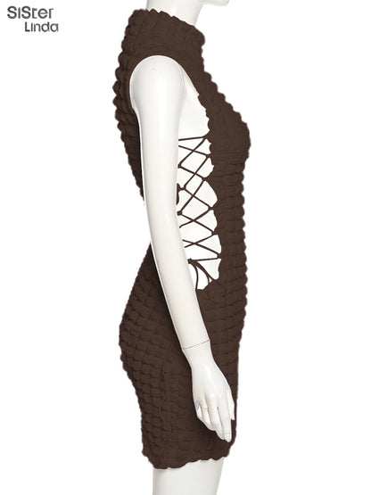 Stacked Plaid Bandage Hollow Y2K Dress Sleeveless Turtleneck String Bodycon Party Clubwear Outfits The Clothing Company Sydney