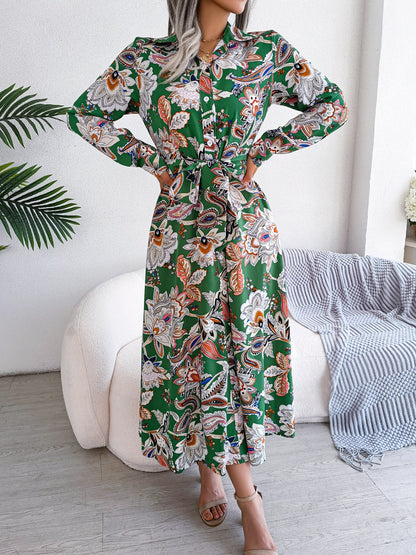 Spring Summer Retro Floral Collar Long Sleeve Tie Up Shirt Dress For Ladies Fashion All Match Print Dresses The Clothing Company Sydney