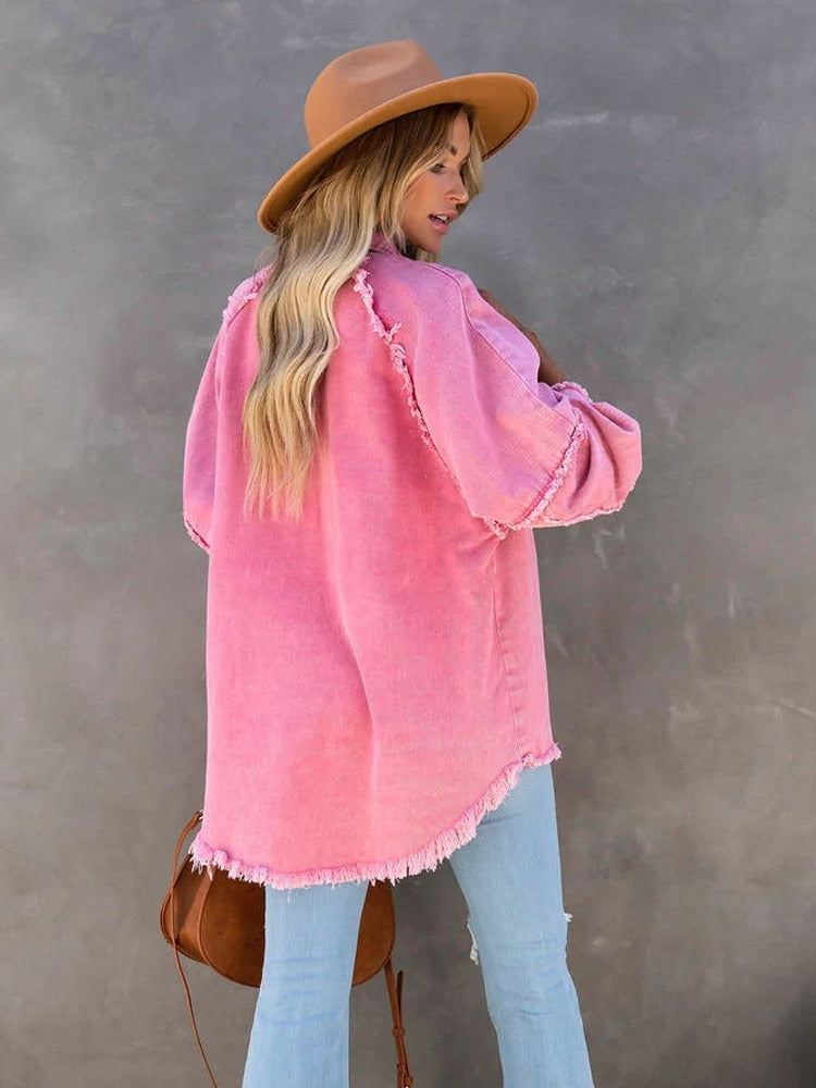 Loose Turn-down Collar Denim Jacket Coat Casual Denim Jacket Long Sleeve Tassel Solid washed Tops The Clothing Company Sydney