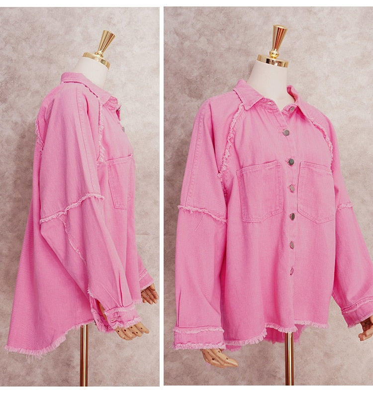 Loose Turn-down Collar Denim Jacket Coat Casual Denim Jacket Long Sleeve Tassel Solid washed Tops The Clothing Company Sydney