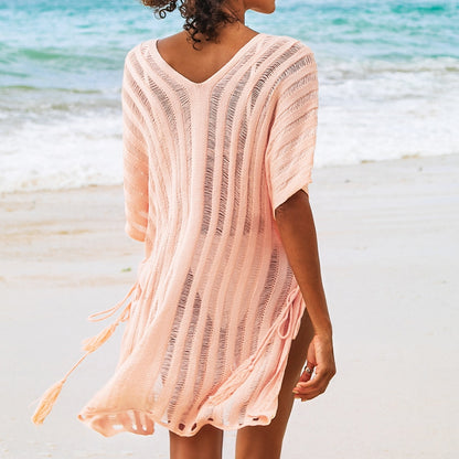 Pink V neck Crochet Mini Dress Bat Sleeve Loose Casual Hollow Out T-shirt Dress Beach Bikini Cover Up The Clothing Company Sydney
