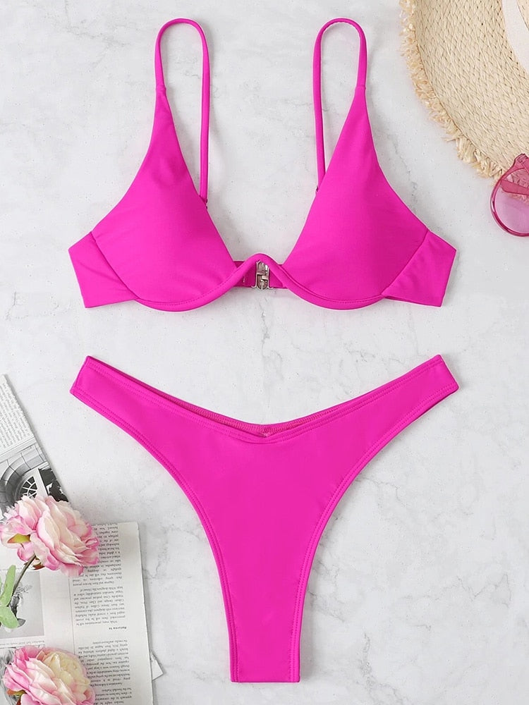Neon V-bar Underwired Bikini Ribbed Swimsuit Women Thong Swimwear Two-pieces Bikini set Push up Bathing Suit The Clothing Company Sydney