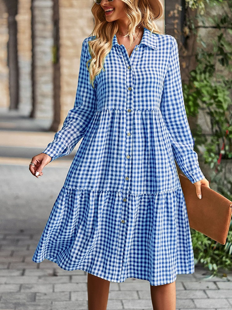 Casual Plaid Shirt Dress For Women Turn Down Long Sleeve Maxi Dress Vintage Single Breasted Patchwork Spring Autumn Dress The Clothing Company Sydney