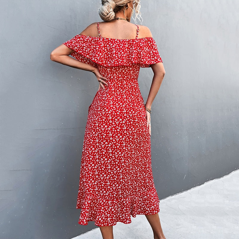 Summer Straps Midi Dress Beach Casual Party Off Shoulder Slim Ruffles Floral Print Dresses The Clothing Company Sydney