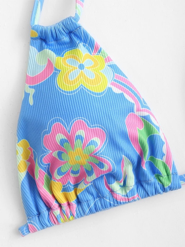 Ribbed Flower Print Tie Side Bikini Set Two-piece Swimwear Low Waisted Padded Bathingsuit The Clothing Company Sydney
