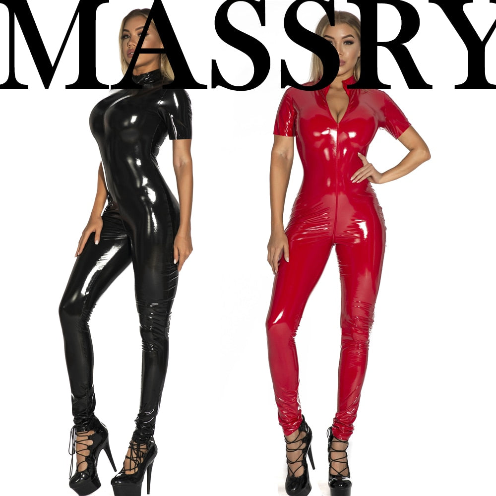Short Sleeve Zipper Glossy Catsuit Shiny Porn Jumpsuit Clubwear Wetlook PVC Sexy Tights Patent Leather Bodysuit The Clothing Company Sydney