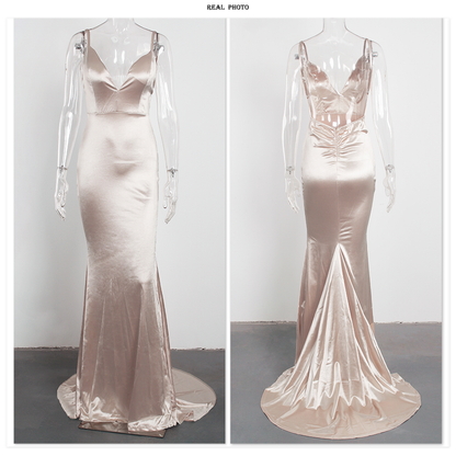 Backless Satin Evening Gown Strappy Deep V Neck Floor Length Prom Padded Stretch Formal Cocktail Wedding Party Dresses The Clothing Company Sydney