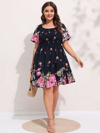 Allover Floral Print Shirred Midi Dress Plus Size Lantern Sleeve High Waist Dresses Summer Dress The Clothing Company Sydney