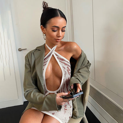 Cross Halter Cut Out Backless Mini Dress Print Sleeveless Bodycon Summer Night Club Party Dress The Clothing Company Sydney