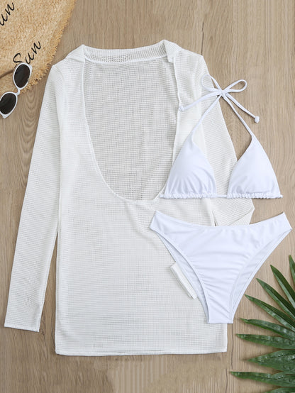 Slit Cuff Plunge Neck Three Piece Bikini Set with Cover Up Plain Swimsuit Women Swimwear Summer Beach Bathing Suit The Clothing Company Sydney