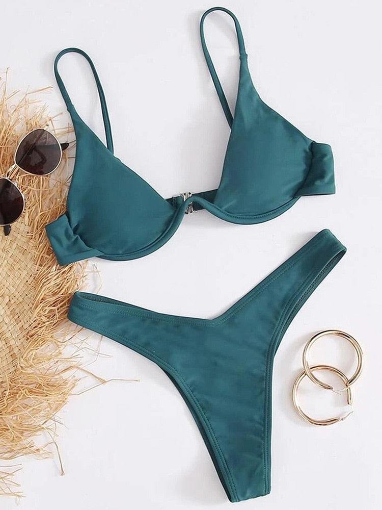 Neon V-bar Underwired Bikini Ribbed Swimsuit Women Thong Swimwear Two-pieces Bikini set Push up Bathing Suit The Clothing Company Sydney