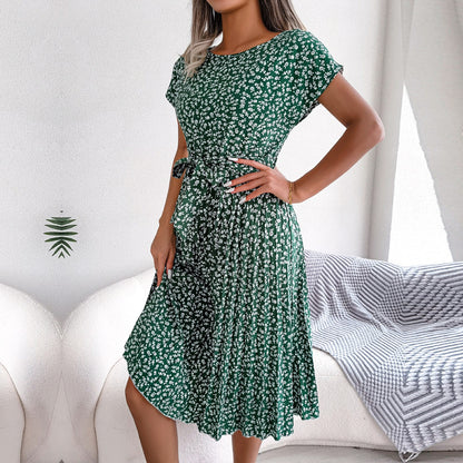 Floral Pleated A Line Long Dress Spring Summer Short Sleeve High Waist Chic Dress The Clothing Company Sydney