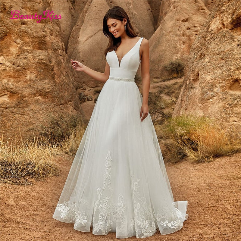 2 In 1 Wedding Jumpsuit With Detachable Skirt Two Piece Bridal Dresses Pants Suit Lace Tulle V-Neck Sweep Train Gowns The Clothing Company Sydney