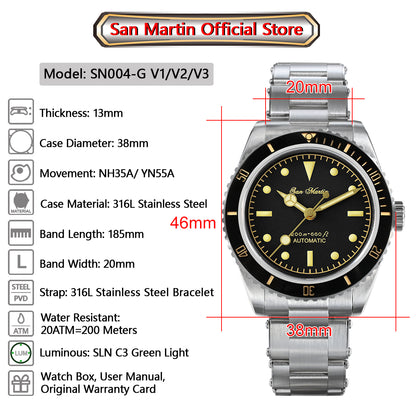 San Martin Men's 38mm Diver 6200 Retro Water Ghost Luxury Sapphire NH35 Automatic Mechanical Vintage 20Bar Luminous Watch Clothing Company Sydney