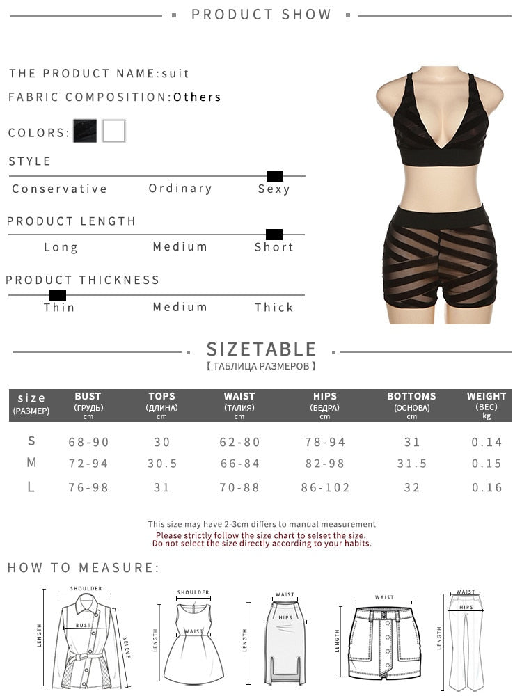 Mesh Sexy 2 Piece Set For Women Solid Patchwork Deep V-Neck Crop Tops+ Skinny High Waist See Through Shorts Outfits The Clothing Company Sydney