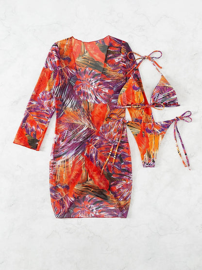 Slit Cuff Plunge Neck Three Piece Bikini Set with Cover Up Plain Swimsuit Women Swimwear Summer Beach Bathing Suit The Clothing Company Sydney