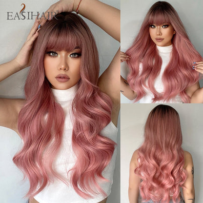 Ombre Gray Ash Wavy Wigs with Bang Light Blonde Platinum Synthetic Long Hair for Women Daily Party Heat Resistant Fiber Wigs The Clothing Company Sydney