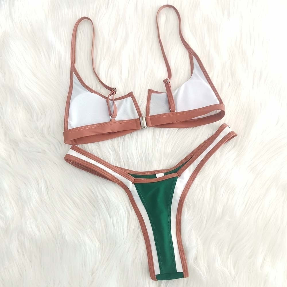 2 Piece Vintage Retro Bikini Patchwork Swimsuit Thong Brazilian Swimwear Summer Micro V-bar Green Bathing Suits The Clothing Company Sydney