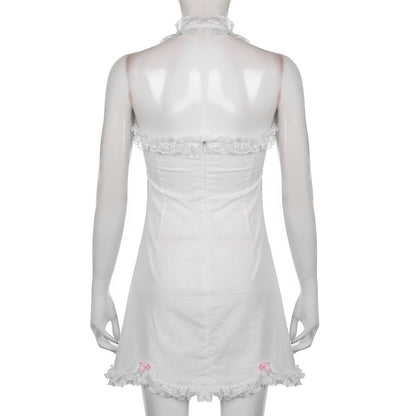 y2k Ruffles Bow Cute Sweet Sundress Fairycore Backless Party Beach Halter Zip Bodycon Mini Dress The Clothing Company Sydney