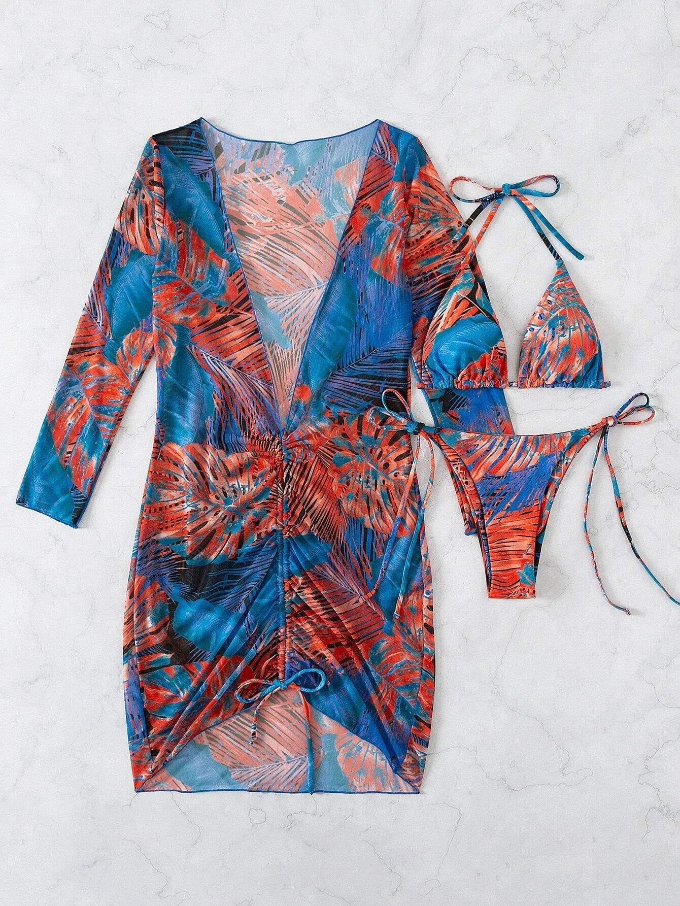 Slit Cuff Plunge Neck Three Piece Bikini Set with Cover Up Plain Swimsuit Women Swimwear Summer Beach Bathing Suit The Clothing Company Sydney