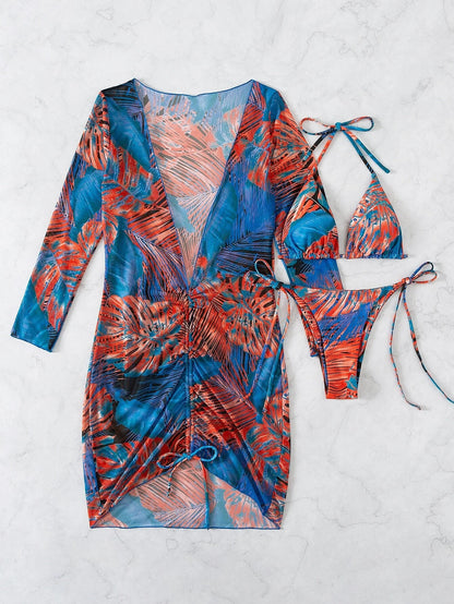 Slit Cuff Plunge Neck Three Piece Bikini Set with Cover Up Plain Swimsuit Women Swimwear Summer Beach Bathing Suit The Clothing Company Sydney