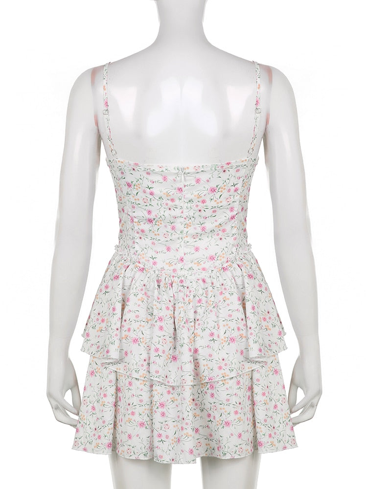 French Romantic Strap Floral Printing Summer Fashion Chic Ruffles Pleated Dress Mini Double Layer Dress The Clothing Company Sydney