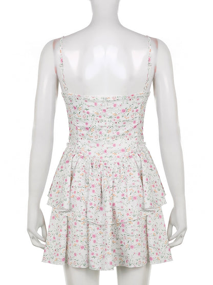 French Romantic Strap Floral Printing Summer Fashion Chic Ruffles Pleated Dress Mini Double Layer Dress The Clothing Company Sydney