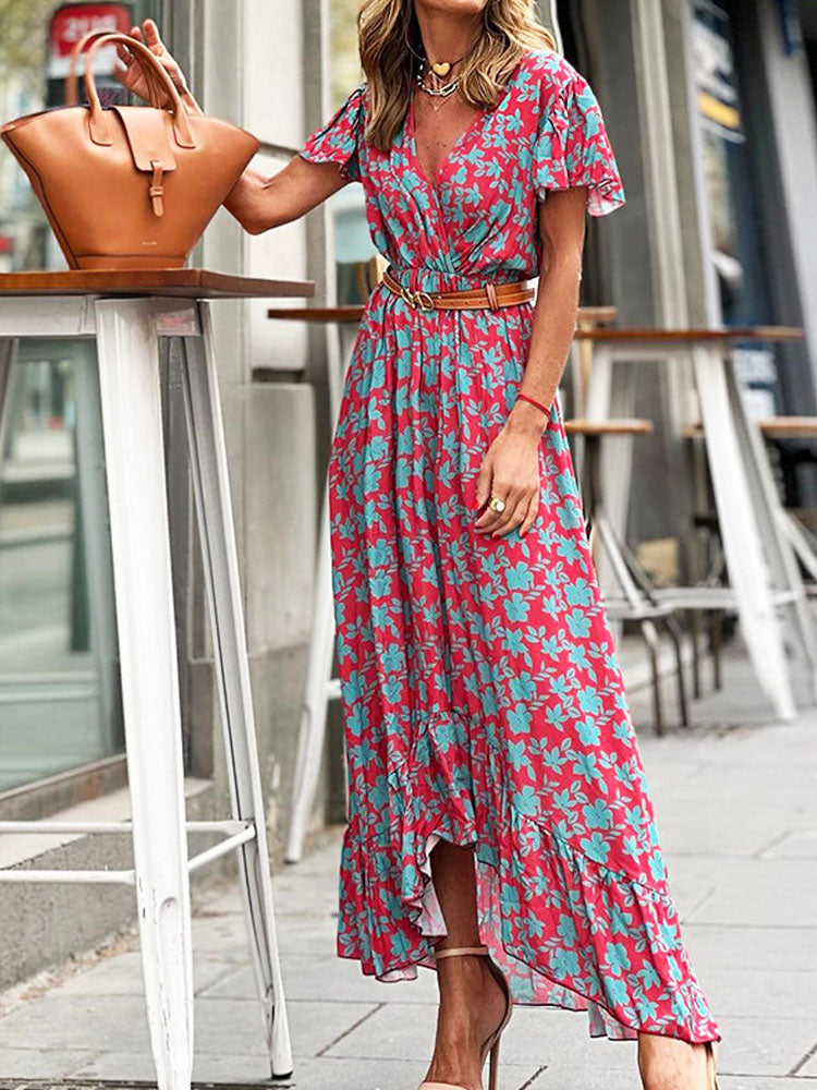 Bohemian Printed V-Neck High Waist Summer Elegant Ruffle Butterfly Sleeve Trumpet / Mermaid Maxi Dress The Clothing Company Sydney