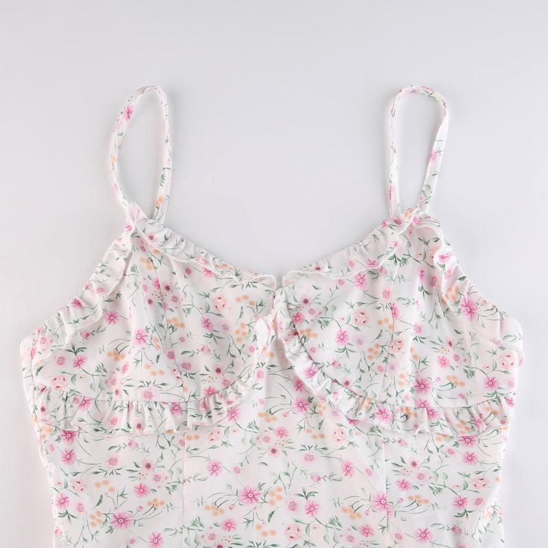 French Romantic Strap Floral Printing Summer Fashion Chic Ruffles Pleated Dress Mini Double Layer Dress The Clothing Company Sydney