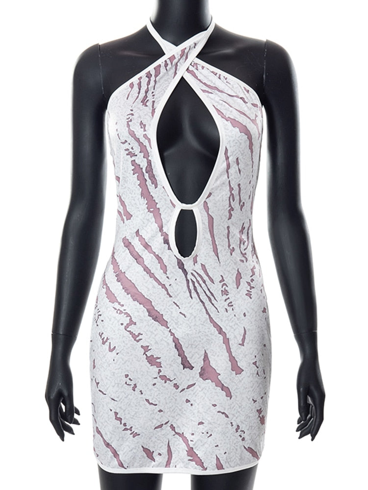 Cross Halter Cut Out Backless Mini Dress Print Sleeveless Bodycon Summer Night Club Party Dress The Clothing Company Sydney