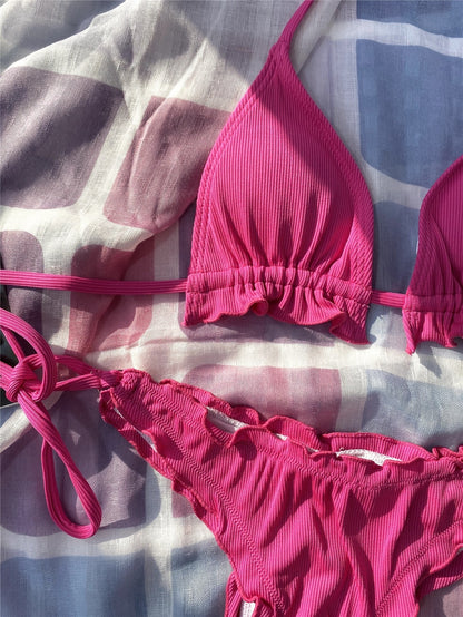 Neon Lime Rib Triangle Tie Side Bikini Swimsuit Women Two Piece Swimwear Bikini Set Summer Beach Bathing Suit The Clothing Company Sydney