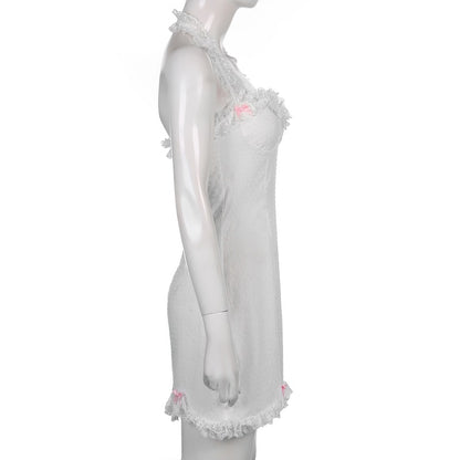 y2k Ruffles Bow Cute Sweet Sundress Fairycore Backless Party Beach Halter Zip Bodycon Mini Dress The Clothing Company Sydney