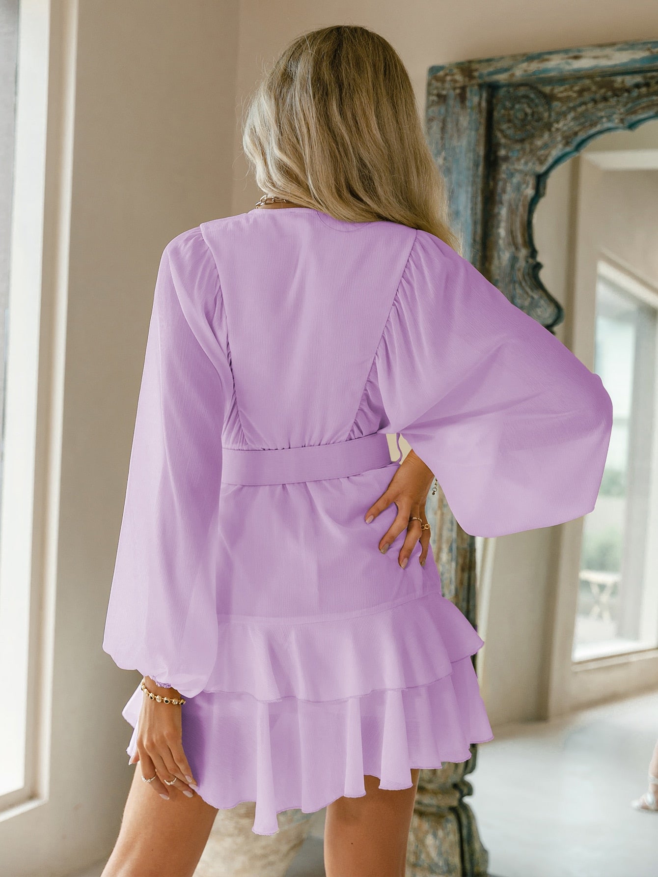 Belt blue plaid batwing long sleeve women dress summer Office ruffle shirt mini dress Casual button A-line Dress - The Clothing Company Sydney