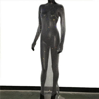 Shiny Rhinestones Grid Long Dress See Through Long Sleeves Fishnet Side Slit Long Dresses Chic Summer Beach Cover Up The Clothing Company Sydney