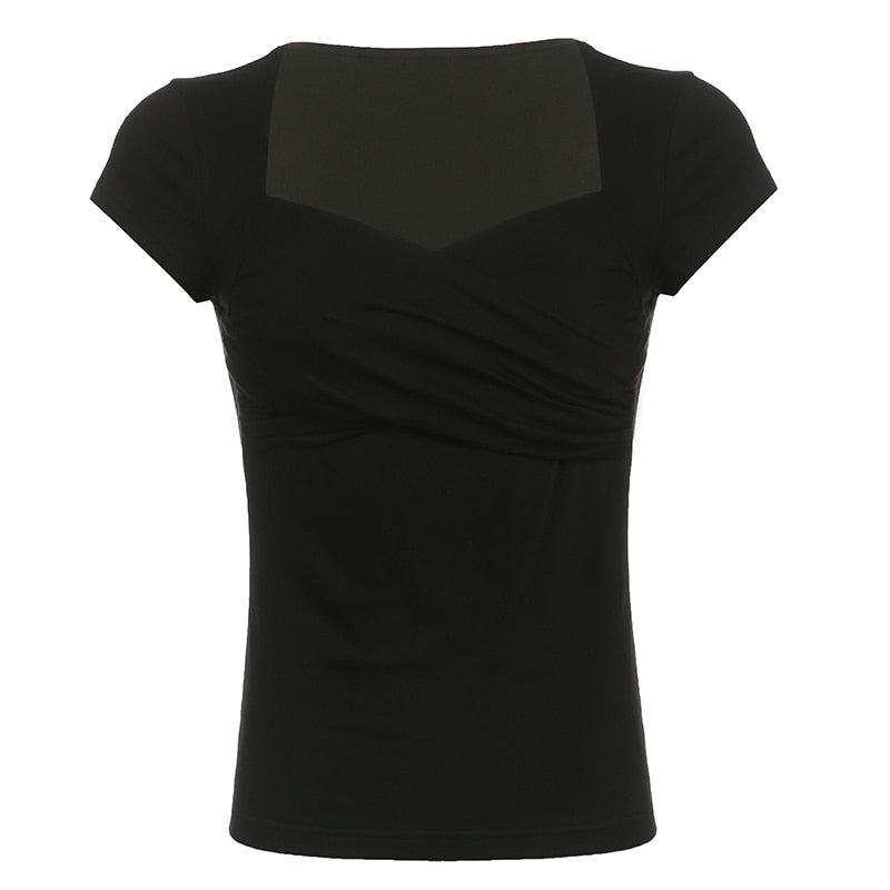 Y2K Cross Crop Top Folds Black Square Collar T Shirt Short Sleeve Square Collar Cute Chic Tee Grunge Tee Retro Top The Clothing Company Sydney