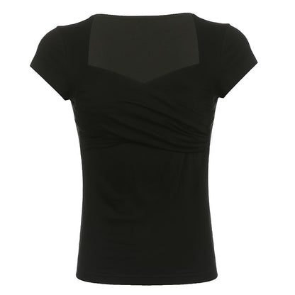 Y2K Cross Crop Top Folds Black Square Collar T Shirt Short Sleeve Square Collar Cute Chic Tee Grunge Tee Retro Top The Clothing Company Sydney