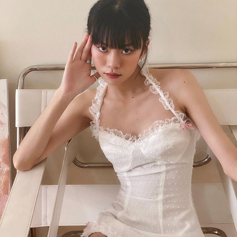 y2k Ruffles Bow Cute Sweet Sundress Fairycore Backless Party Beach Halter Zip Bodycon Mini Dress The Clothing Company Sydney