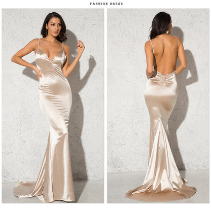 Backless Satin Evening Gown Strappy Deep V Neck Floor Length Prom Padded Stretch Formal Cocktail Wedding Party Dresses The Clothing Company Sydney