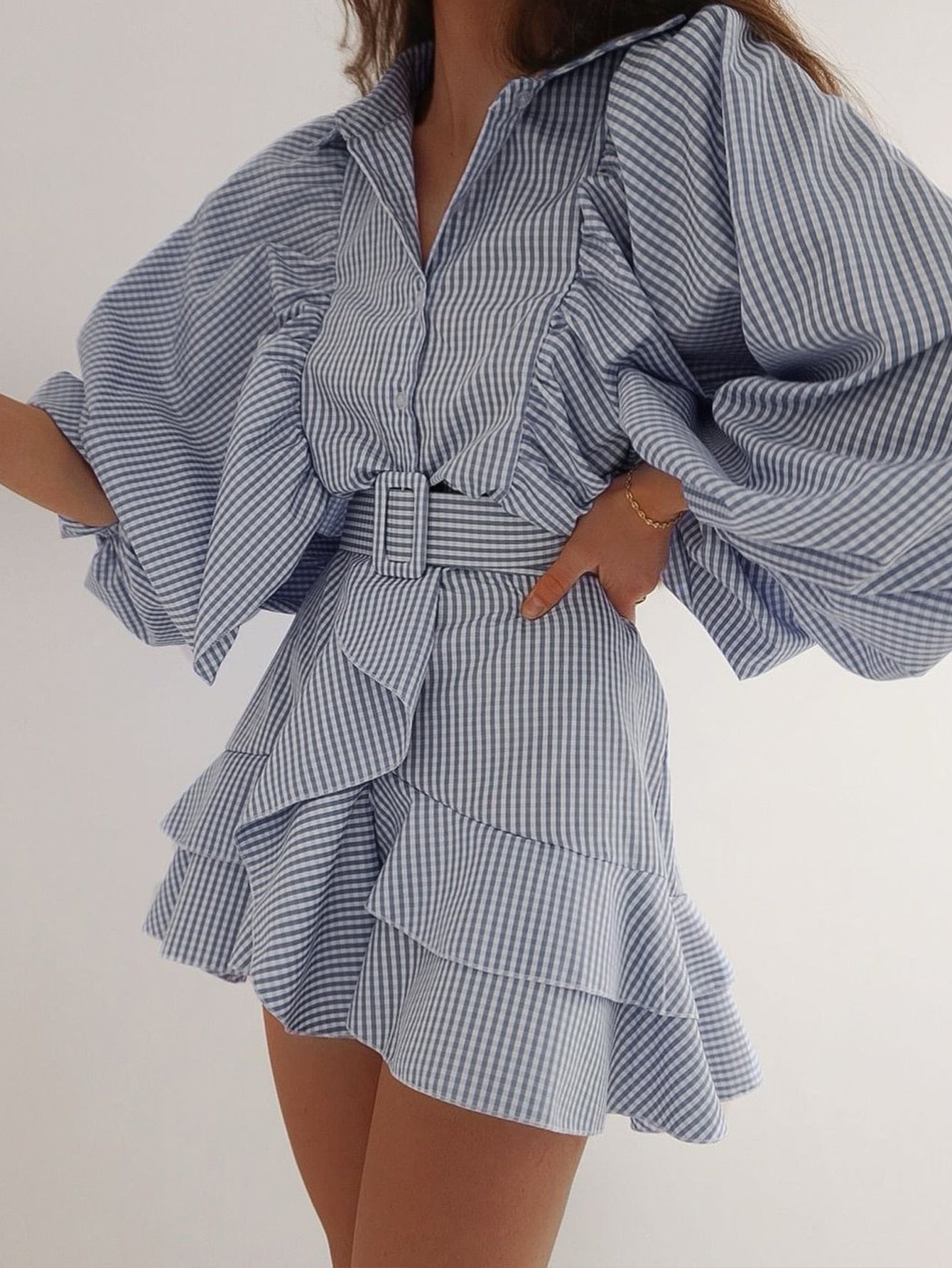 Belt blue plaid batwing long sleeve women dress summer Office ruffle shirt mini dress Casual button A-line Dress - The Clothing Company Sydney