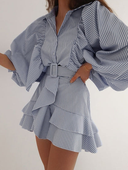 Belt blue plaid batwing long sleeve women dress summer Office ruffle shirt mini dress Casual button A-line Dress - The Clothing Company Sydney