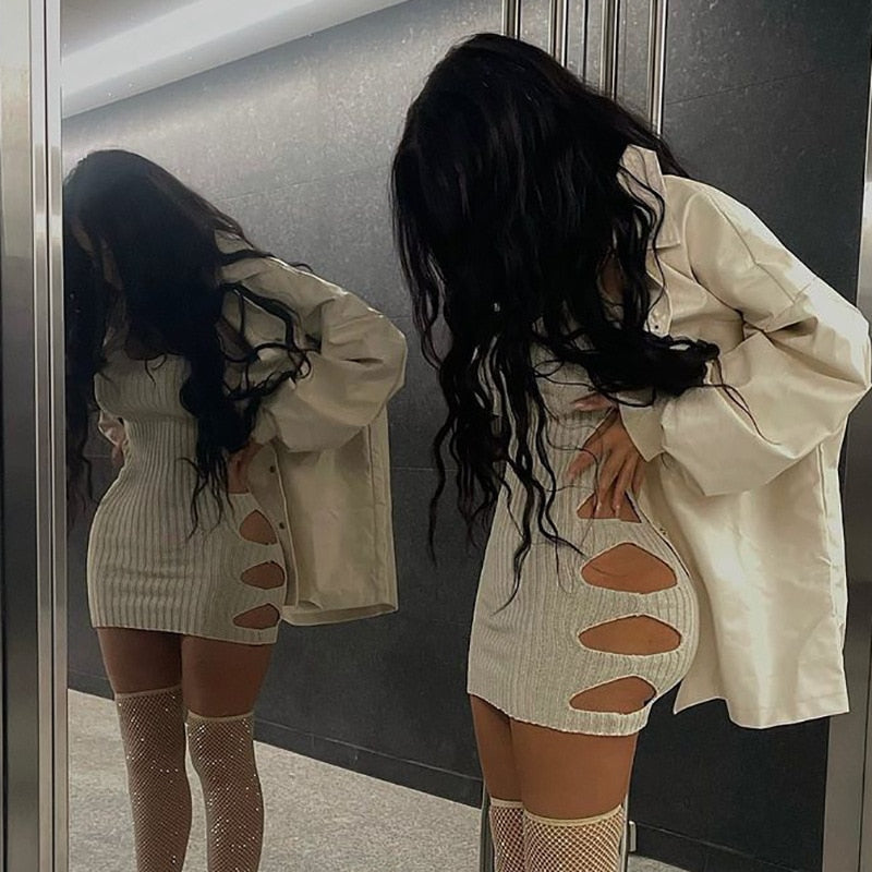 2 Piece Set Cut Out Long Sleeve Knit Dresses for Women Street Fashion Clubwear Bodycon Mini Dress The Clothing Company Sydney