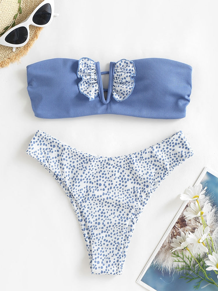 V-wired Ruffle Ribbed High Cut Bikini Swimwear High Cut Strapless Lace Up Removable Padded Women Bathing Suit The Clothing Company Sydney